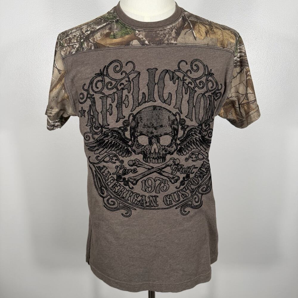 Affliction American Customs Men’s T-Shirt Brown Realtree Camo Skull Wings Large
